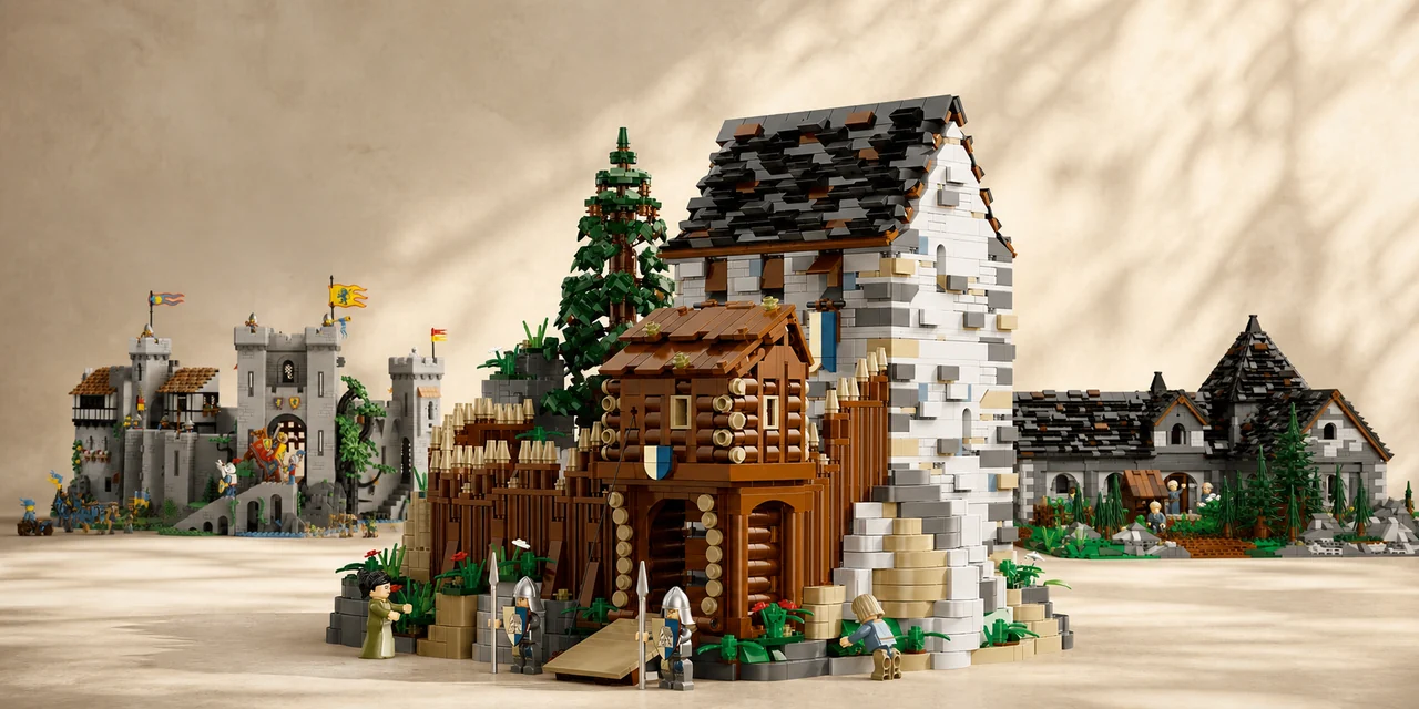 Klemmbaustein-Modell einer mittelalterlichen Burg mit Türmen und Ritterfiguren, Testübersicht Themenwelt Mittelalter